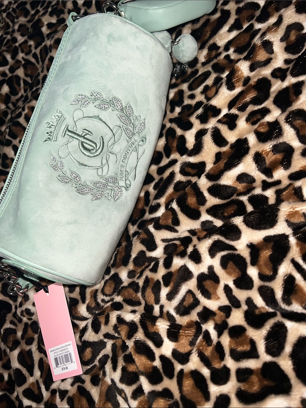 Juicy Couture Mint Green Mini Crossbody with Embroidered Crest and Pom Pom